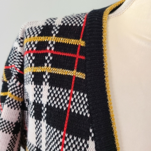 VTG Midnight Blues Metallic Plaid V Neck Sweater MED 90's Academia Relaxed Retro - Picture 7 of 10